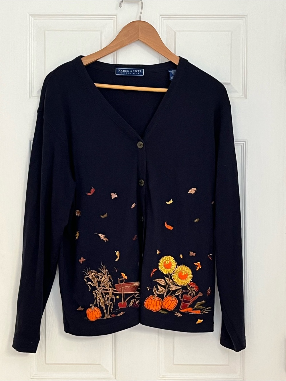 Karen Scott Cotton Rich Fall Theme Navy Cardigan-Pumpkins